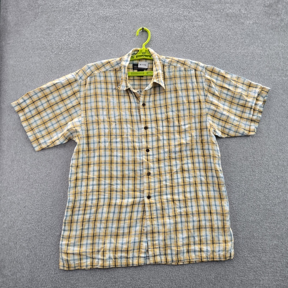 Moose Creek Men Button Up Shirt L Yellow Linen Plaid Short Sleeve
